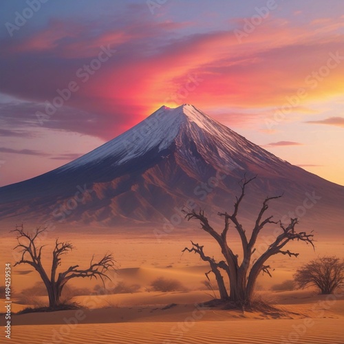 **mount fuji, but in the desert. the top to the mountain has been removed by a volcanic explosion a very long time ago. the sun sets behind the mountain.