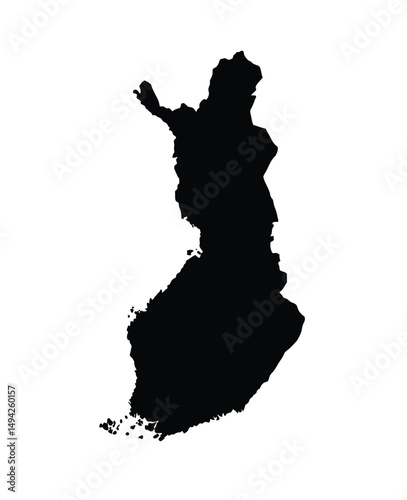 Finland silhouette. This image shows the black silhouette of Finland map, with its country geographical shape and borders. Vector clipart illustration design.