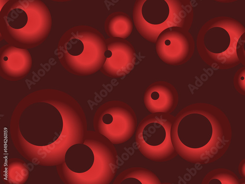 Colorful Floating Soft Balls Background. Red pearls flew in the sky. Abstract trendy stylish wallpaper background. 3D illustration. Vector pattern of red flying balls on a red background.