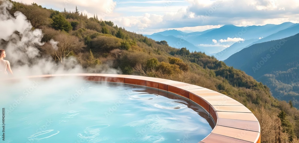 Steaming onsen water, mountain panorama, serene bath, bath, soothing Steaming onsen water, mountain panorama, serene bath, bath, soothing