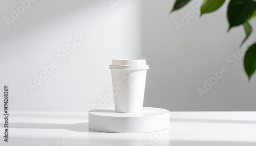 Minimalistic white coffee cup on a circular pedestal with soft shadows and green foliage backdrop