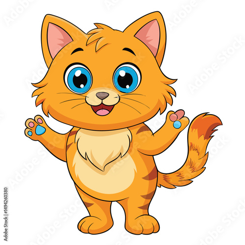 A fluffy orange kitten with wide blue eyes stands on its hind legs with a paw raised and its mouth open a white background
