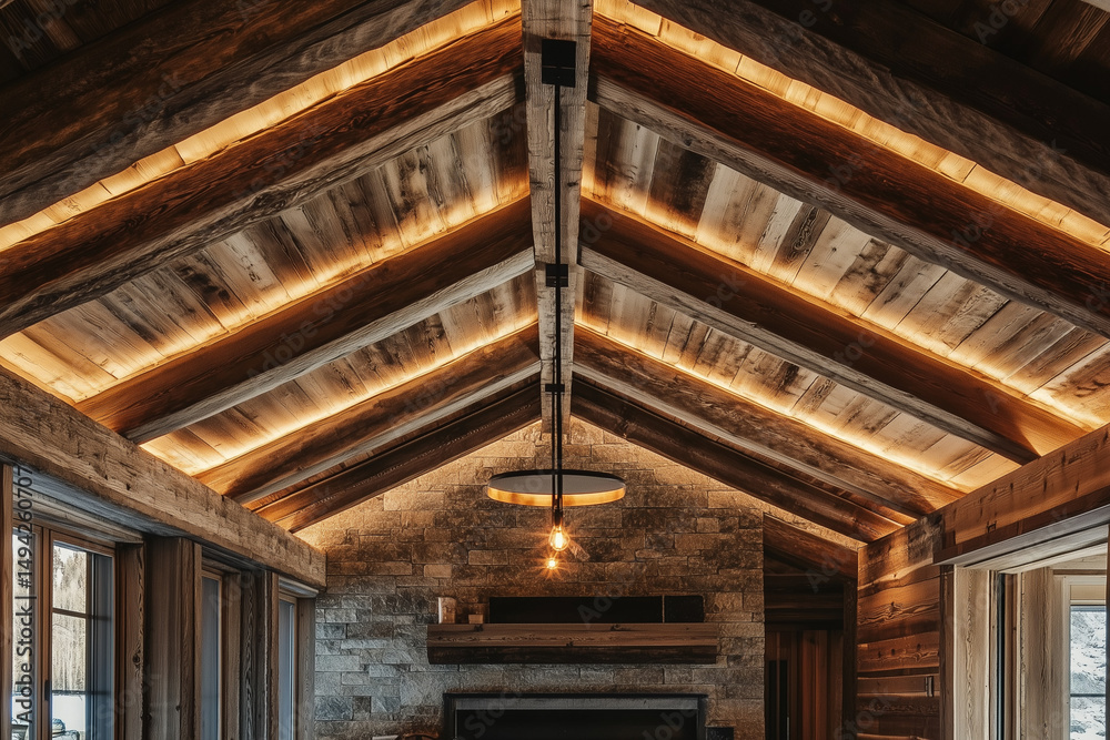 Fototapeta premium cozy wooden ceiling with warm lighting in a rustic atmosphere