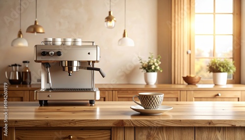 Modern kitchen with espresso machine and coffee cup, warm lighting, plants in background