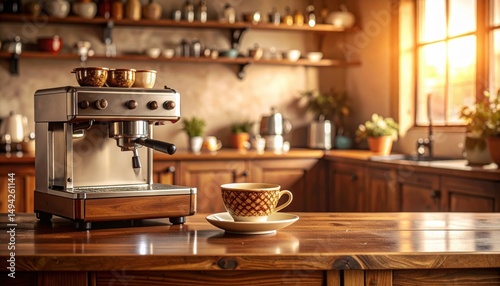 Cozy kitchen scene featuring a coffee machine and cup, warm sunlight illuminating the space