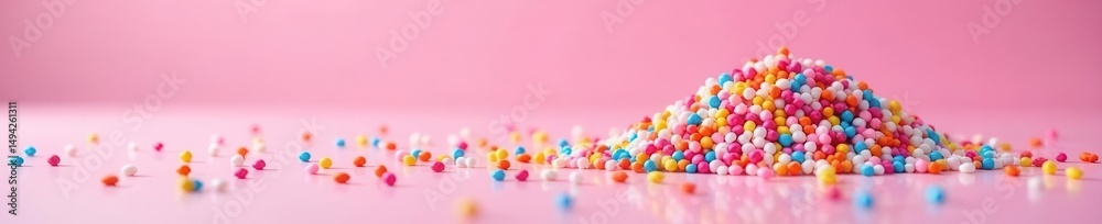 Obraz premium Vibrant sprinkles showering on a soft pink surface, bakery, confetti, rainbow burst