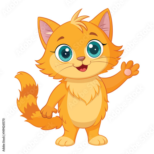 A fluffy orange kitten with wide blue eyes stands on its hind legs with a paw raised and its mouth open a white background