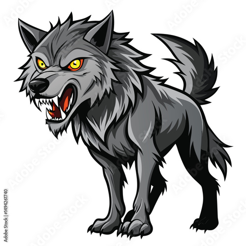 A gray wolf with bared teeth and piercing yellow eyes stands growling a white background