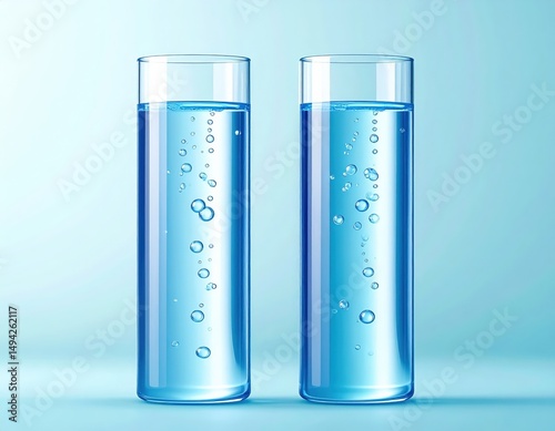Two clear glasses filled with sparkling blue water, surrounded by a soft blue background