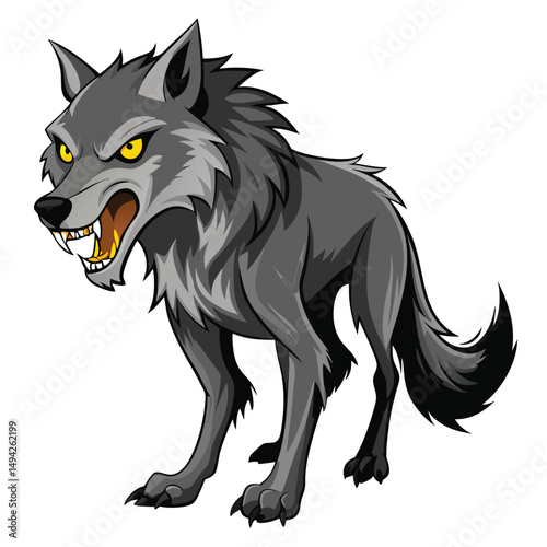 A gray wolf with bared teeth and piercing yellow eyes stands growling a white background