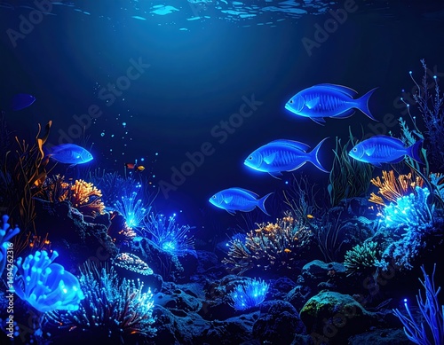 Underwater scene featuring vibrant blue fish swimming among glowing coral reefs and sea plants