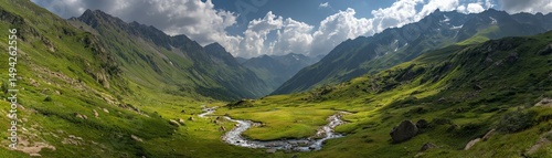 Breathtaking mountain landscape with a winding river and lush green valleys.