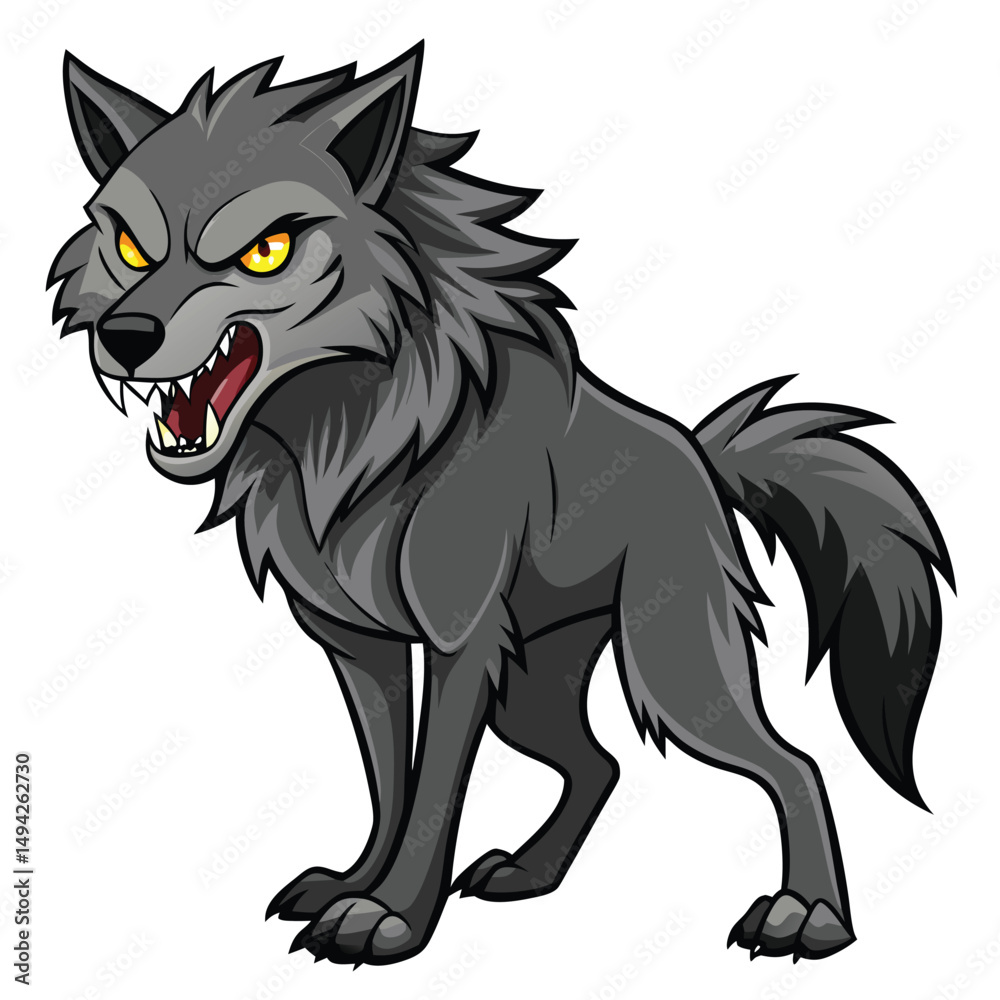 Obraz premium A gray wolf with bared teeth and piercing yellow eyes stands growling a white background