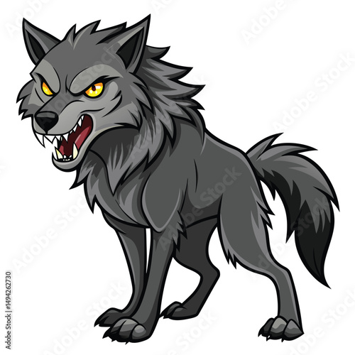 A gray wolf with bared teeth and piercing yellow eyes stands growling a white background