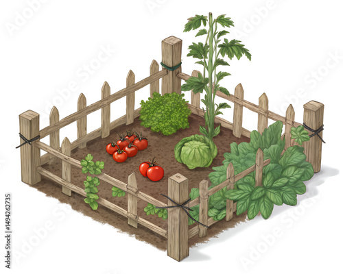 Vegetable Garden with Wooden Fence Digital Illustration