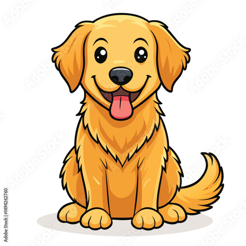 A happy golden retriever puppy sits attentively with its tongue out against a white background

