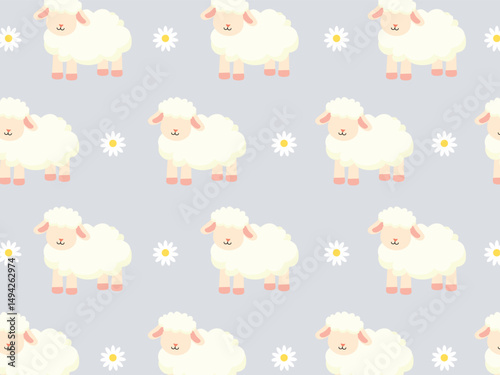 Sheep and flower seamless pattern. Cute animal illustration. Can be used for wallpaper, backdrop, kid room, paper wrapping and fashion fabric