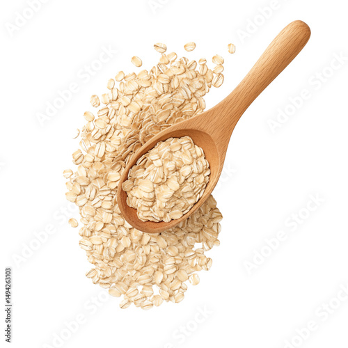 Raw rolled oats in wooden spoon, top view, perfect for breakfast or baking, isolated on transparent background