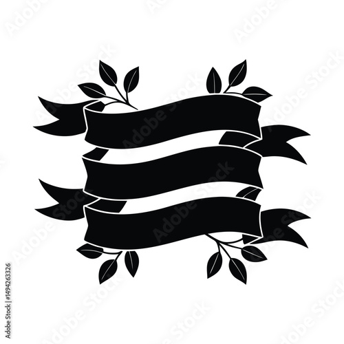 Elegant black ribbons with decorative leaves frame for announcements and embellishments
