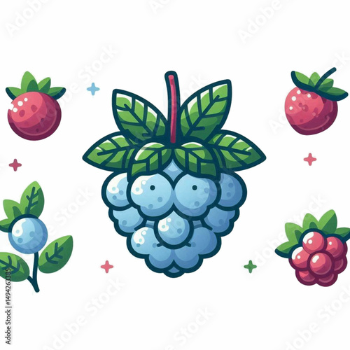 Berry Bonanza A vibrant cartoon medley of assorted fruits and greenery