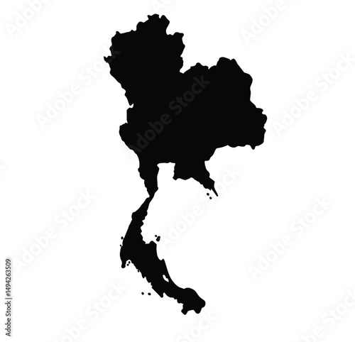 Thailand silhouette. This image shows the black silhouette of the Thailand map, with its country geographical shape and borders. Vector clipart illustration design.