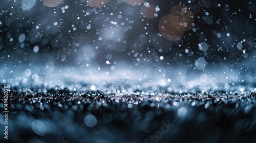 A close-up of raindrops creating a sparkling effect on a dark surface.