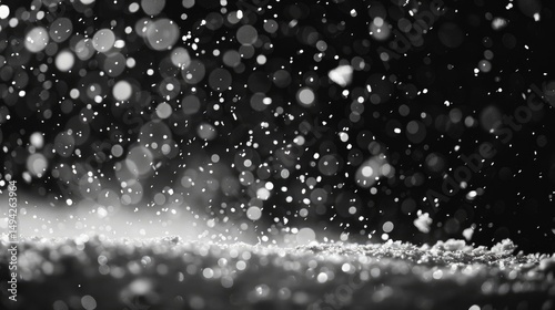 A close-up of falling snowflakes creating a serene, wintry atmosphere in black and white.