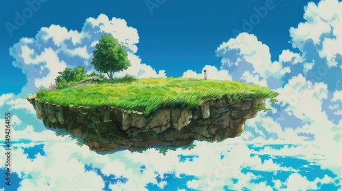 A serene floating island with lush grass and a single tree under a vibrant sky.