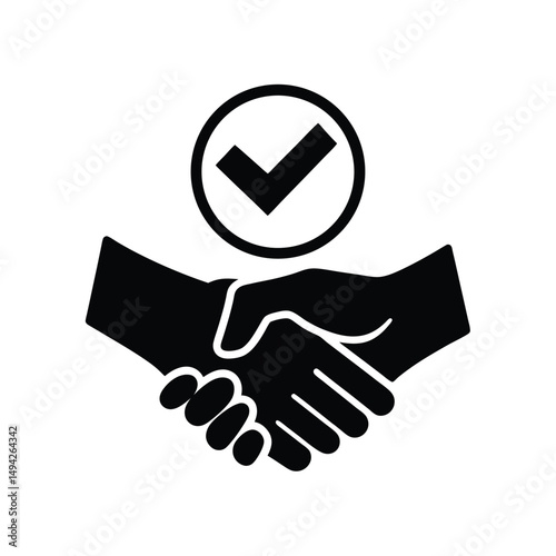Approved deal or agreement icon with handshake and check mark symbol in black