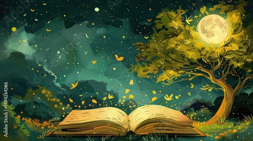 A magical scene with an open book under a glowing moon and a tree, evoking imagination.