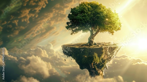 A solitary tree on a floating island amidst clouds and sunlight, symbolizing nature's beauty.