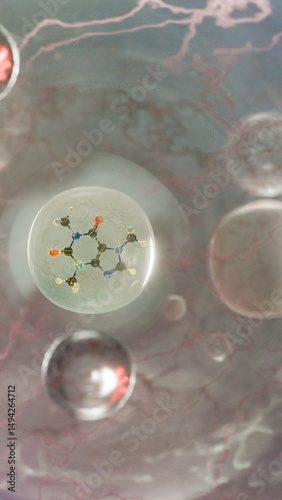 Highly detailed molecular structure of caffeine molecule with visible atomic bonds and color-coded atoms on blurred scientific background, conceptual 3D render for chemistry 