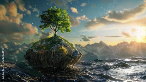 A solitary tree on a rocky island surrounded by water, illuminated by a beautiful sunset.