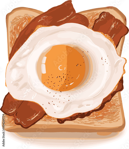 Delicious Toast with Fried Egg and Crispy Bacon – Tasty Breakfast Illustration