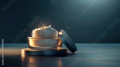 A stylish open cream jar with a soft, creamy texture, illuminated by soft lighting.