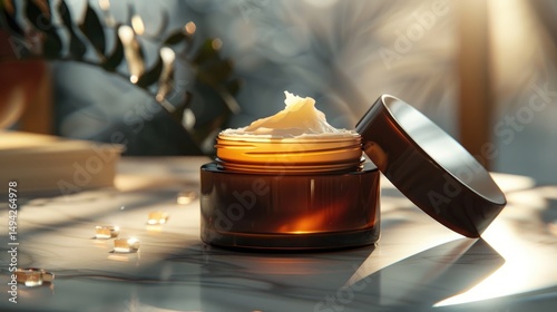 A jar of cream with a lid open, illuminated by soft sunlight, emphasizing a calming ambiance.