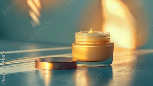 A close-up of a cream jar with a lid, illuminated by soft light, suggesting skincare use.