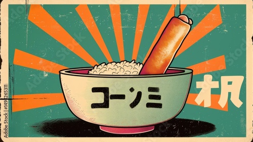 A stylized bowl of rice with a sausage, featuring bold graphics and vibrant colors.