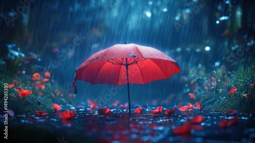 Red umbrella in a rain-soaked garden, petals scattered