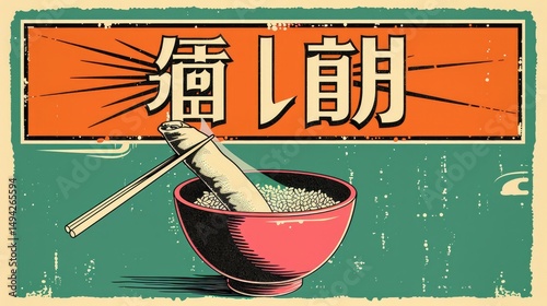 A vintage-style illustration featuring a bowl of rice with a chopstick and stylized text.