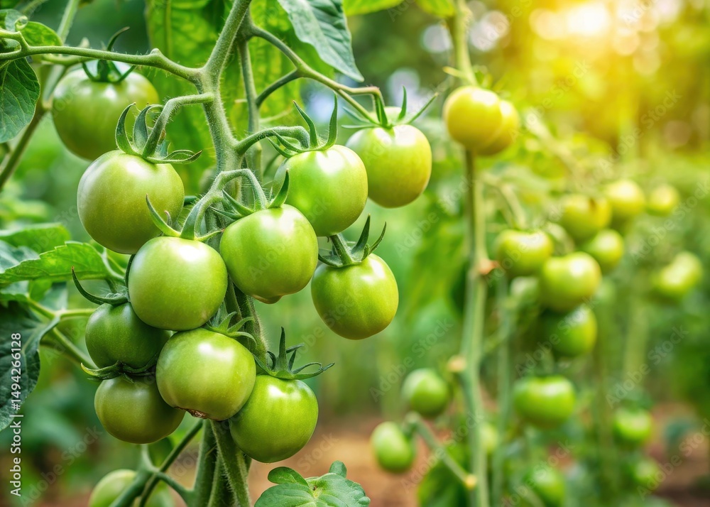 Green tomato plants with unripe tomatoes hanging from vines in late spring garden Green tomato plants with unripe tomatoes hanging from vines in late spring garden