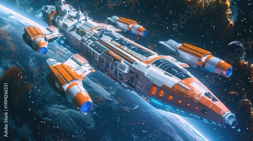 A futuristic spaceship navigating through space with vibrant colors and detailed design.