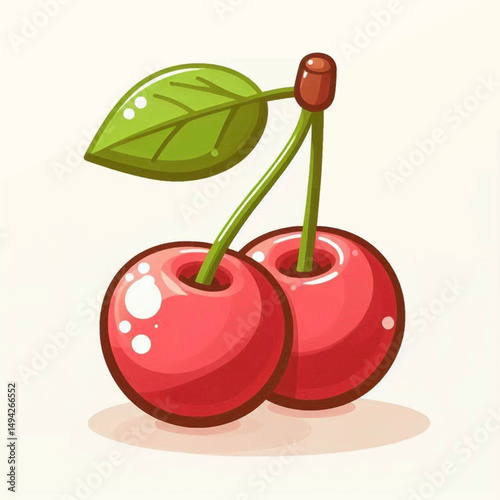 Cartoon cherries burst with fruity charm a vibrant duo with a glossy leaf playful highlights and plump outlines