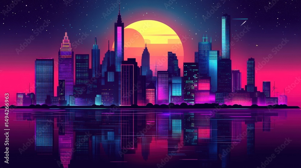 Fototapeta premium Vibrant Retro City Skyline at Sunset with Reflective Water Surface