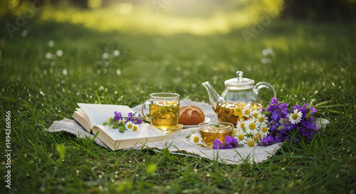Afternoon tea in the green garden with a reading book describes a peaceful day, made by Ai