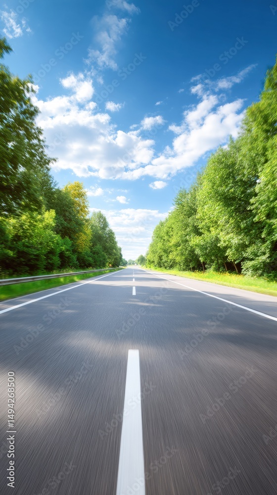 Obraz premium A scenic view of a straight road flanked by lush trees under a bright blue sky with fluffy clouds.
