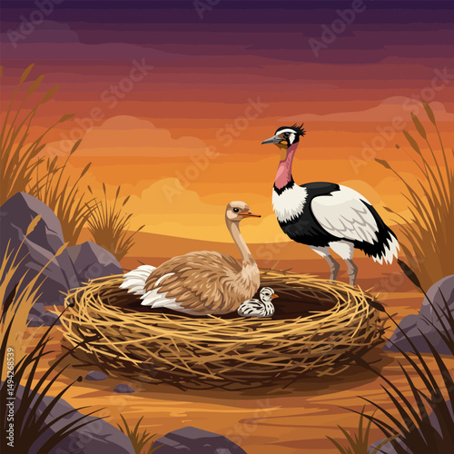 Ostrich Family in Nest Amidst Grassland Scenic Landscape Illustration