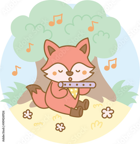 Playful fox playing the flute under a tree in a calm summer learning moment