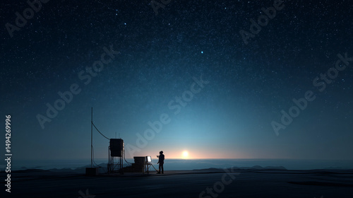 Astronaut interacting with equipment on Mars at sunrise under a vast starry sky, surrounded by alien landscape and futuristic technology.