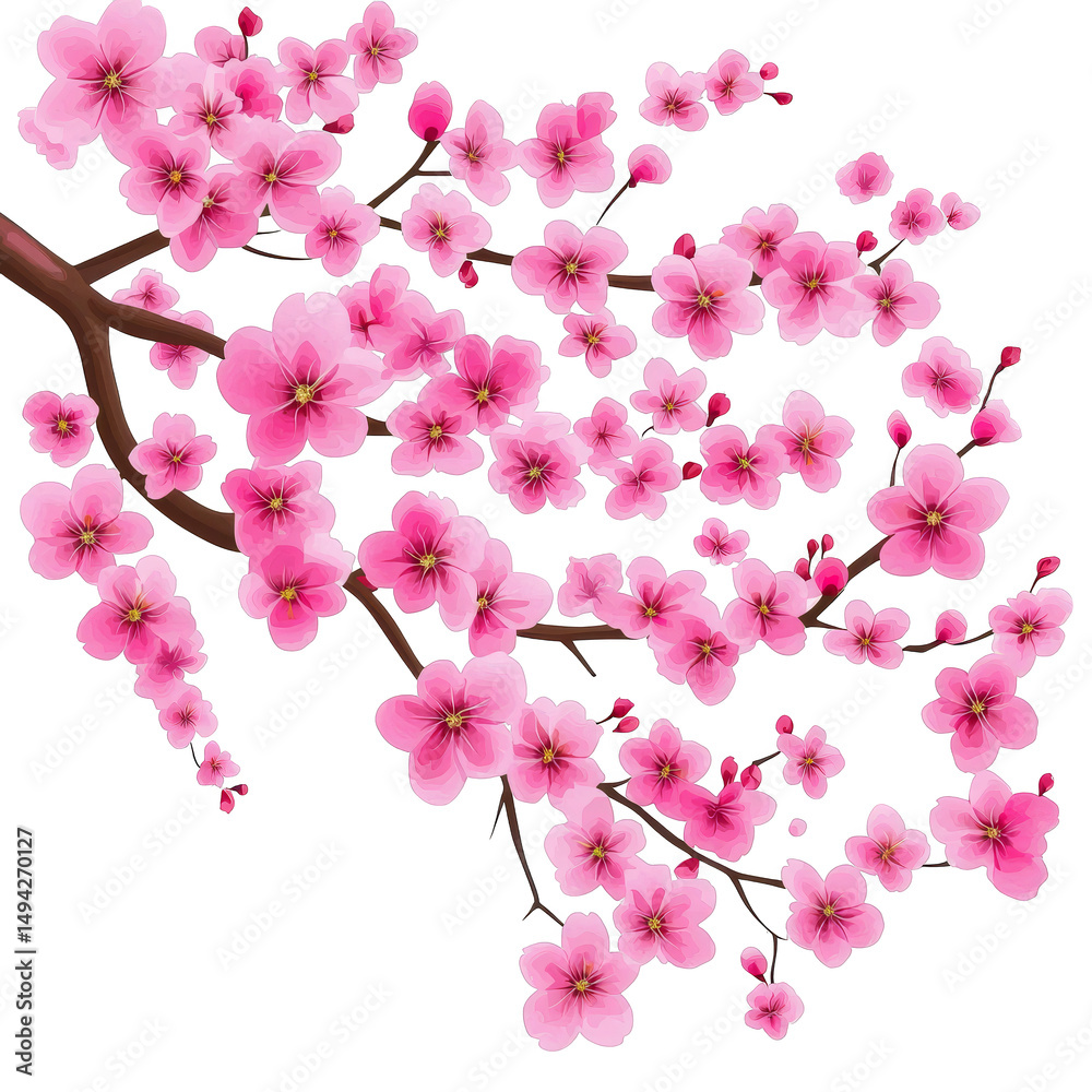 Fototapeta premium Pink cherry blossom branch with blooming flowers and buds, vibrant and delicate, perfect for spring or nature themes